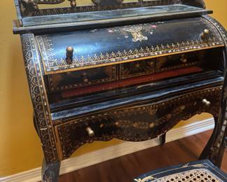 #1 - $475 - Black lacquer Chinoiserie secretary 33x18Wx38Twith incrusted Mother of Pearls & chair