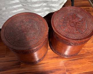 #17 - $125 - One of two leather tooled stool 13 1/2 x 16