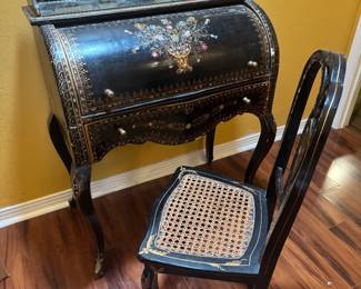 #1 - $475 - Black lacquer Chinoiserie secretary 33x18Wx38Twith incrusted Mother of Pearls & chair