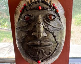 #43 - $120 - Tibetan buddhist Kapala ritual wall mask encrusted genuine turtle carapace with beads and feathers