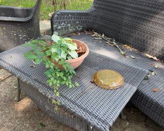 #59 - $200 - 4 piece all weather furniture set, couch, 2 arm chairs, table - needs cleaning
