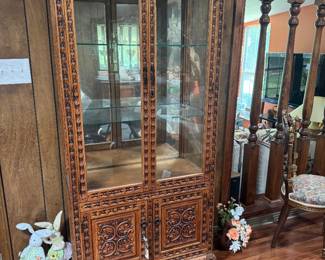 #11 - $495 - Peruvian carved curio cabinet with mirror back 30x16x70 three shelves & cabinet bottom