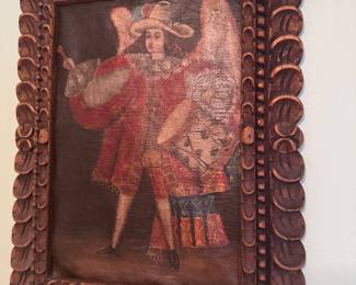 #26 - $150 -Peruvian Cusco Michael Angel painting in carved frame 16x21