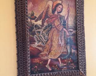 #23 - $195 -Peruvian Cusco Michael Angel painting in carved frame 30x22
