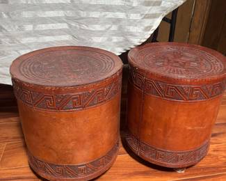 #17 - $125 - One of two leather tooled stool 13 1/2 x 16