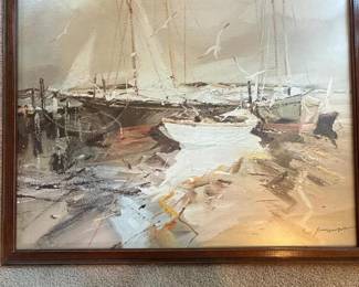 182 framedharborsceneoilpaintingsigned