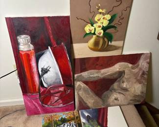 087 fiveunframedpaintingsoncanvas