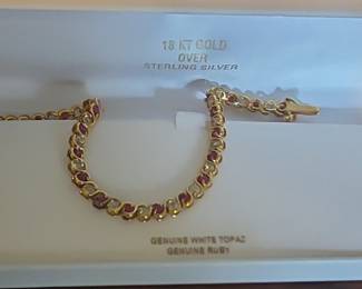 18kt Gold Over Sterling Silver Ruby and White Topaz Tennis Bracelet