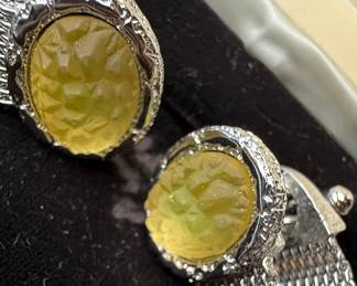 Swank Silver Tone Yellow Cabochon Mesh Wrap Cufflinks