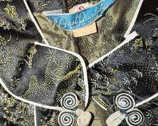 Vintage Black Gold Brocade Pajama Set with Frog Closures