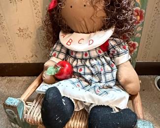 Folk Art Style Rag Doll and Hand-Painted Rocking Chair