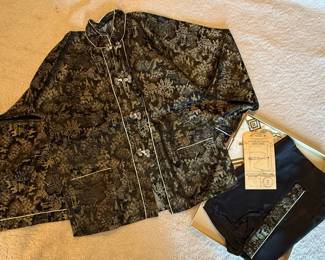 Vintage Black Gold Brocade Pajama Set with Frog Closures