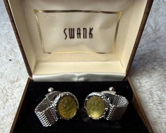 Swank Silver Tone Yellow Cabochon Mesh Wrap Cufflinks