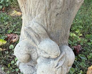 Rabbit Motif Tree Stump Cement Bird Bath