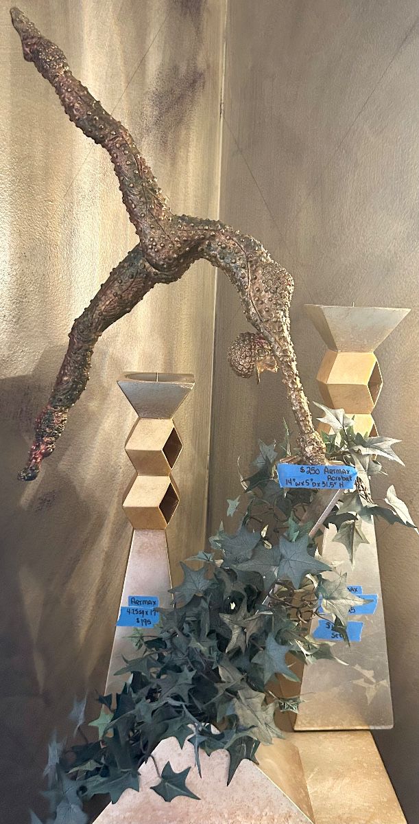 Artmax Bronze Finish Resin Acrobat Sculpture 31.5”h x 14”wx 5”d $250; Tall Pedestal 15.5”w x 23”dx38.5” h $100; pair of gold post modern, Geometric Cubism, pillar candle candle holders $400; (small 4”sq x 17”h $195; large 5”sac 21”h $225