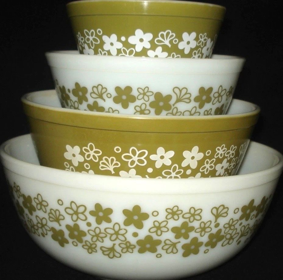 4pc olive green & white vintage Pyrex Spring Blossom set. Model #401-404 $120
