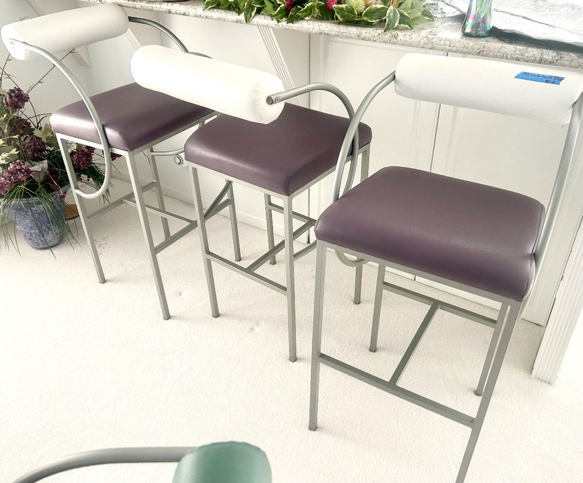3 Bar Height Purple & white rolled back Stools, metal framed Chairs 19.5w x 16.5d x 31” floor to seat; 40”h $185 ea (3) available