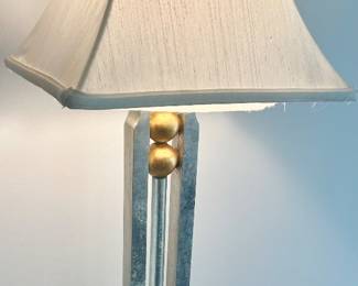 (2) Tall brushed Silver w/ gold ball accent, white shade table lamp 34.5h x 12”sq base $45ea