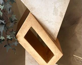 Artmax Bronze Finish Resin Acrobat Sculpture 31.5”h x 14”wx 5”d $250; Tall Pedestal 15.5”w x 23”dx38.5” h $100; pair of gold post modern, Geometric Cubism, pillar candle  candle holders $400; (small 4”sq x 17”h $195; large 5”sq x21”h $225