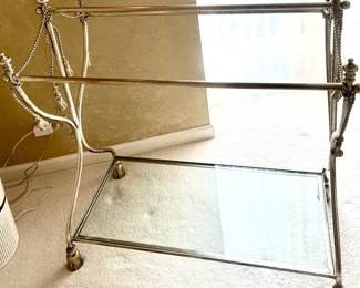 Metal quilt rack with 3 hanging bars & glass bottom shelf $115