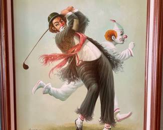 Original Oil on canvas “Hoppin” Clown Golfing painting 24.5” x 28” $120