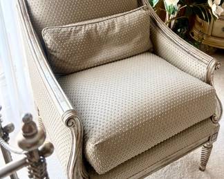 Golden platinum nubby fabric wood framed arm chair 29”w x 26”d x 20” floor to seat $200