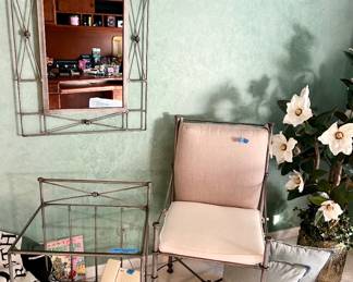 Matching Brushed metal mirror 24x 36” $35, 2 tier glass top metal frame table 20wx16dx 28”h $40, Chair Frame w/ cushsions $95 matches headboard in former photo. 