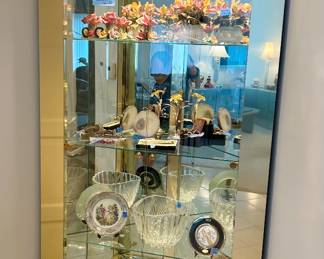 Glass 4 shelf, corner curio Cabinet with gold trim 36.5”w x 84”h. $150