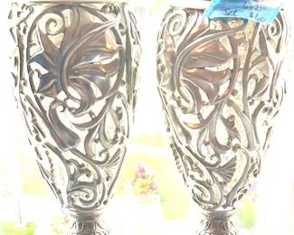 2 brushed silver heavy metal decorative cut out finials 6”sq x 21”h Set $60
