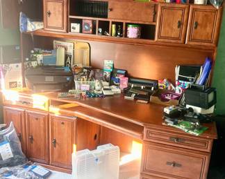 Wood Desk with 3 drawers, storage & Pullout Work Station $100;  add top cabinets $50