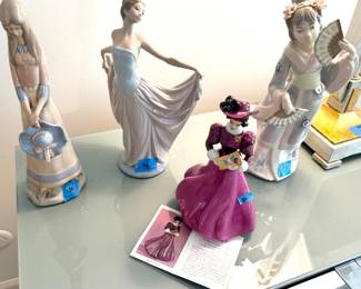 Lladro Figurines - ballarina $75, geisha girl w/ fan $50, girl holding hat $30