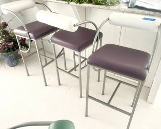 3 Bar Height Purple & white rolled back Stools,  metal framed Chairs 19.5w x 16.5d x 31” floor to seat; 40”h $185 ea (3) available