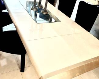 46”w x 111” long x 30”h Table $250; Violet Purple Plush Straight Back Chairs 18” floor to seat. $45 ea; 8 available
