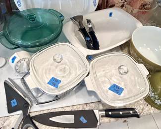 Vintage Blue & White Pyrex meat platter $40, Baker/ Roasting $30, 1 qt covered $10, 1.5 qt $12