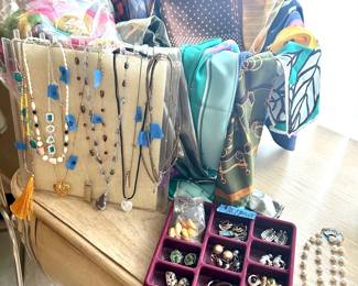 Scarves, highend earrings $10ea, costume necklaces