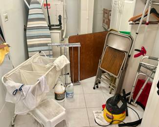Ladder, Dry rack, Iron & board, folding chairs & card table, laundry sorter, shop vac, walker & cane
