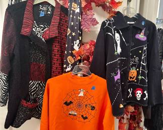  Ali Miles “L” black & red jacket $25; Halloween Sweaters $18 sold, sweat shirt $10 sold