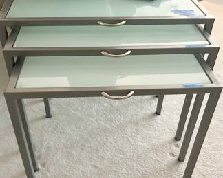 Vntg Chrome Frosted Glass Nesting Table Set w/ front handle on each table 3pc $250