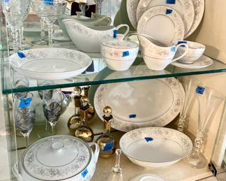 8 sets of Camelot Carousel Japan #1315,  Gray and Silver (7) Piece Place setting $144; covered Veg $20, other Serving PCs $10ea