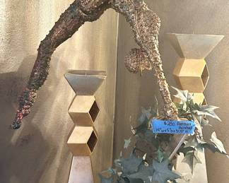 Artmax Bronze Finish Resin Acrobat Sculpture 31.5”h x 14”wx 5”d $250; Tall Pedestal 15.5”w x 23”dx38.5” h $100; pair of gold post modern,  Geometric Cubism, pillar candle  candle holders $400; (small 4”sq x 17”h $195; large 5”sac 21”h $225