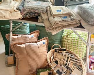 Full & King Sheets, decorative pillows, picture frames small $1, 5x7” $2, 8x10” $3