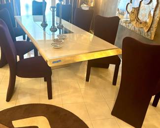 46”w x 111” long x 30”h Table $250; Violet Purple Plush Straight Back Chairs 18” floor to seat. $45 ea; 8 available