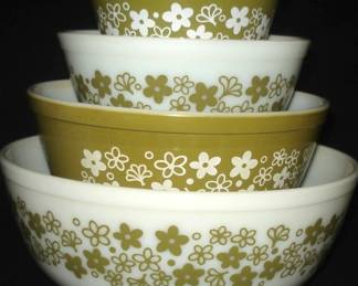 4pc olive green & white vintage Pyrex Spring Blossom set. Model #401-404 $120