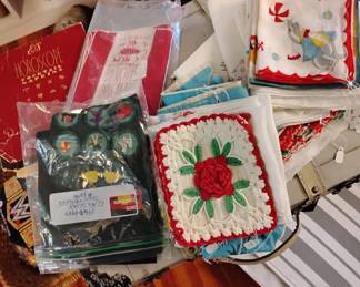 Old handkerchiefs & pillowcase, girl scout & brownie vest