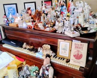 Grand piano lots of collectables, dog, ashtrays
