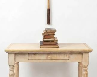 Vintage Accent Writing Desk Vignette with Antique Books, Tennis Racket, Brass Shakespeare Nutcracker
