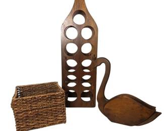 Vintage Wooden Decor Lot Bottle Wine Rack ASIS, Wooden Swan, Woven Basket