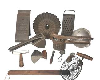 Lot of 15 Antique Vintage Kitchen Utensils Primitive Iron, Tin Mold, Rustic Decor