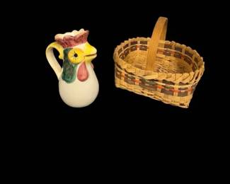 Vintage Ceramic Rooster Pitcher Hand Painted Produced In Portugal And Basket