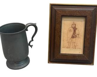 Vintage Framed Knight Etching Signed Johnson Metal Tankard Mug